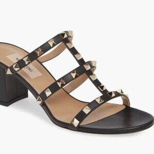 Authenticated Valentino - Garavani Black Rockstud Slide Sandal- Size 41
